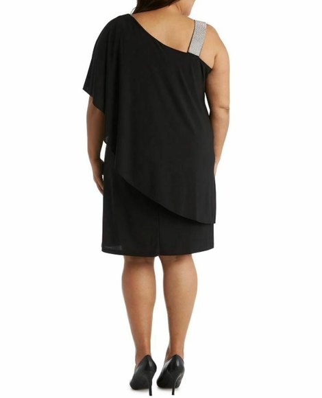 R & M Richards Plus Size Rhinestone-Trim One-Shoulder Dress Asymmetrical Drape - Picture 4 of 12